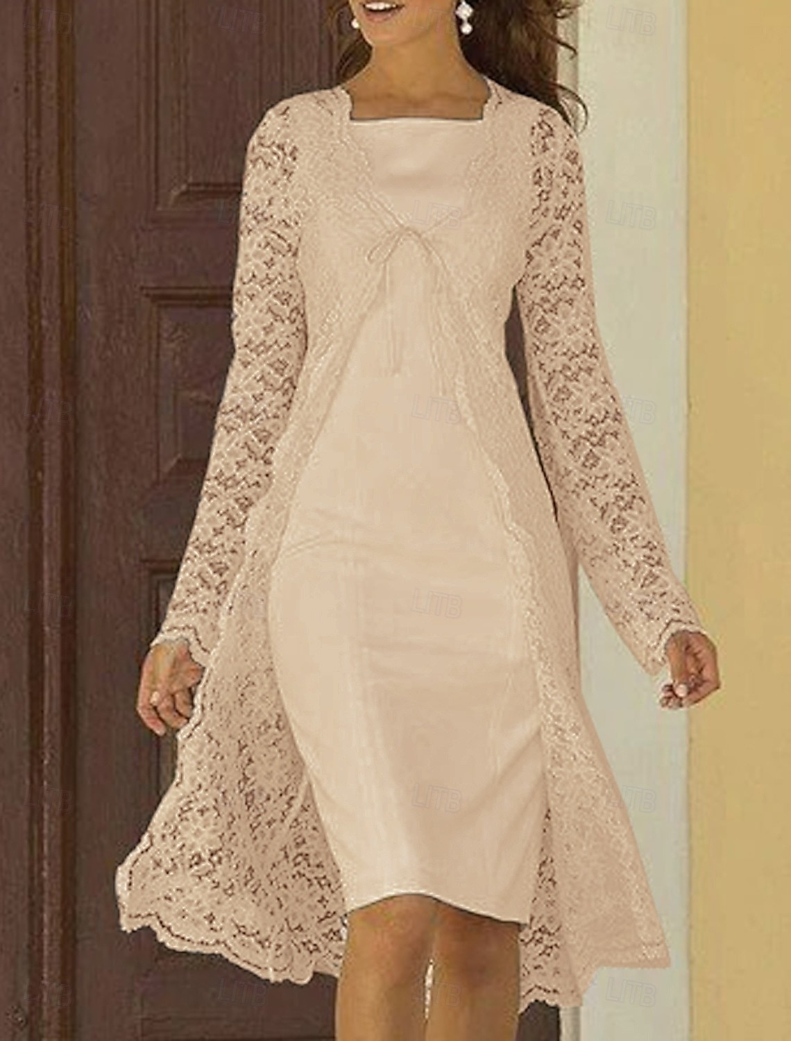 Todelt Linjeform Knelengde Gjestekjole til bryllup Kjole til brudens mor Ermeløs Firkantet hals Elegant Bryllupsgjest Bryllupsfest Kirke Chiffon Blonder Jakke kjoler med Ensfarget 2026 - $160.99 –P8