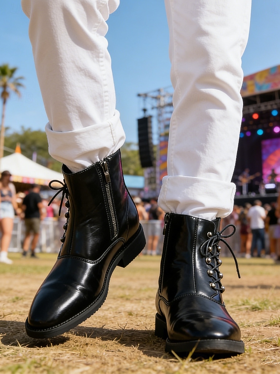 męskie brązowe botki zapinane na zamek z boku, sznurowane, modne buty na festiwale muzyczne, stroje na koncerty, odzież uliczną, imprezy plenerowe, stroje imprezowe i jako wyrazisty styl 2026 - $64.99 –P3
