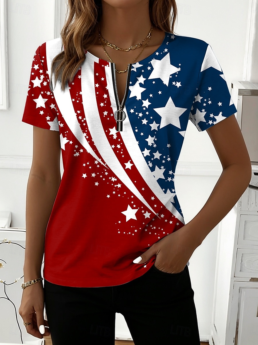 Giorno dell'Indipendenza Americana Per donna Maglietta Cerniera Grafico Bandiera Americana Elegante Classico Casual Manica Corta Girocollo Top Regolari Quotidiano Weekend Blu Bianco Rosso Estate del 2026 a $21.99 –P1