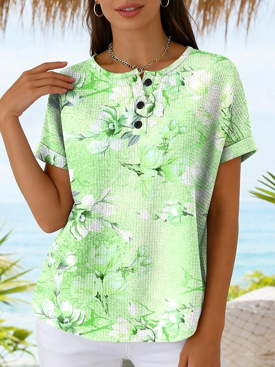 Dame Waffle T Skjorte Trykk Blomstergrafikk Vintage Stilfull Klassisk Kortermet Rundhals Regulære Topper Daglig Blå Rosa Lilla Grønn Sommer Vår 2026 - $24.99 –P4