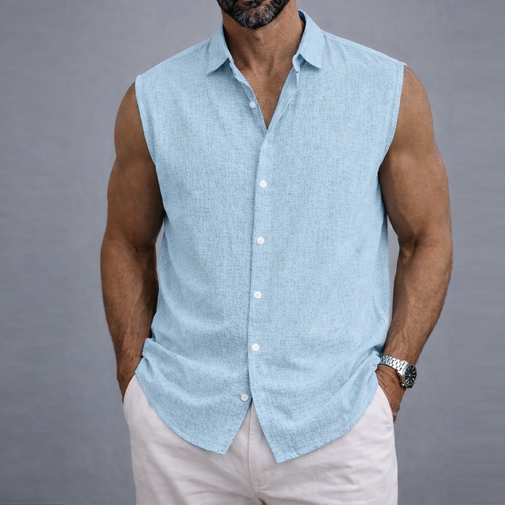 Homme Chemise Chemise en lin Chemise d'été Tenue de plage Chemise Boutonnée T-shirt sans manches Uni Occasionnel Quotidien Bleu Blanche Sans manches Col Rabattu Été Printemps Vêtement Tenue de 2026 ? $21.99 –P1