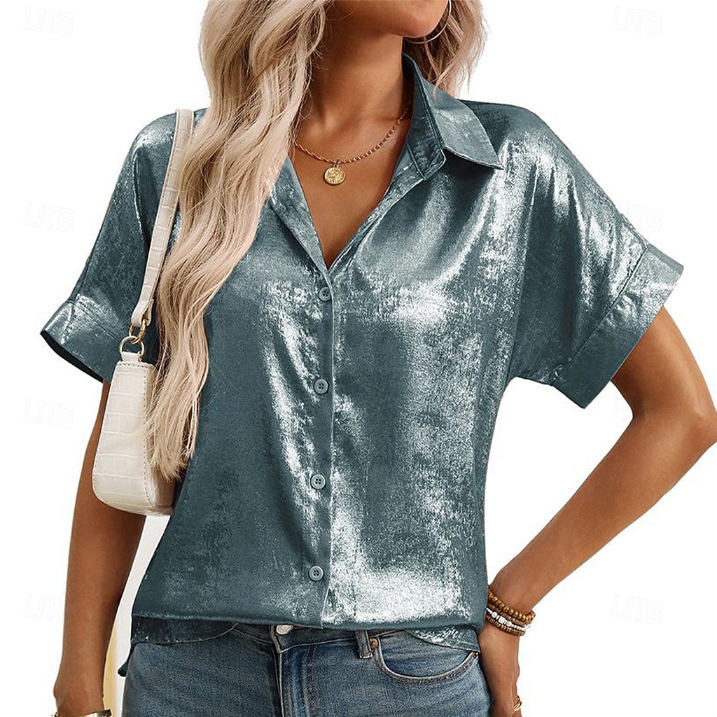 Pentru femei Cămașă Cămașă de Costum Camașă cu nasturi Bluză Nasturi Culoare solidă Elegant Modă Zilnic Manșon scurt Răsfrânt Topuri obișnuite În aer liber Haine de strada Muncă Roz auriu Verde 2026 - $31.99 –P3