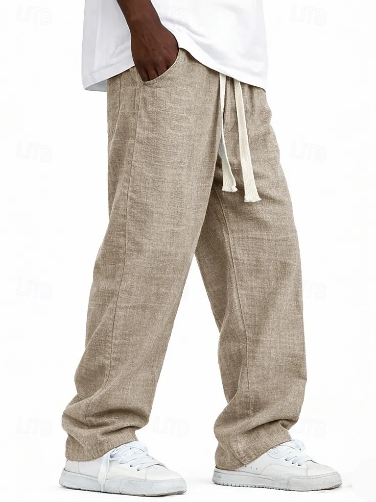 Men's Linen Pants Trousers Summer Pants Baggy Pants Pocket Elastic Waist Straight Leg Solid Color Comfort Comfortable Full Length Casual Daily Holiday Vacation Fashion Blue Black Inelastic 2026 - $25.99 –P6