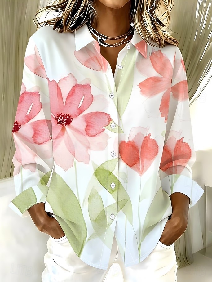 Women's Shirt Buttons Print Floral Graphic Vintage Stylish Modern Long Sleeve Shirt Collar Regular Tops Daily White Summer Spring 2026 - $32.99 –P1