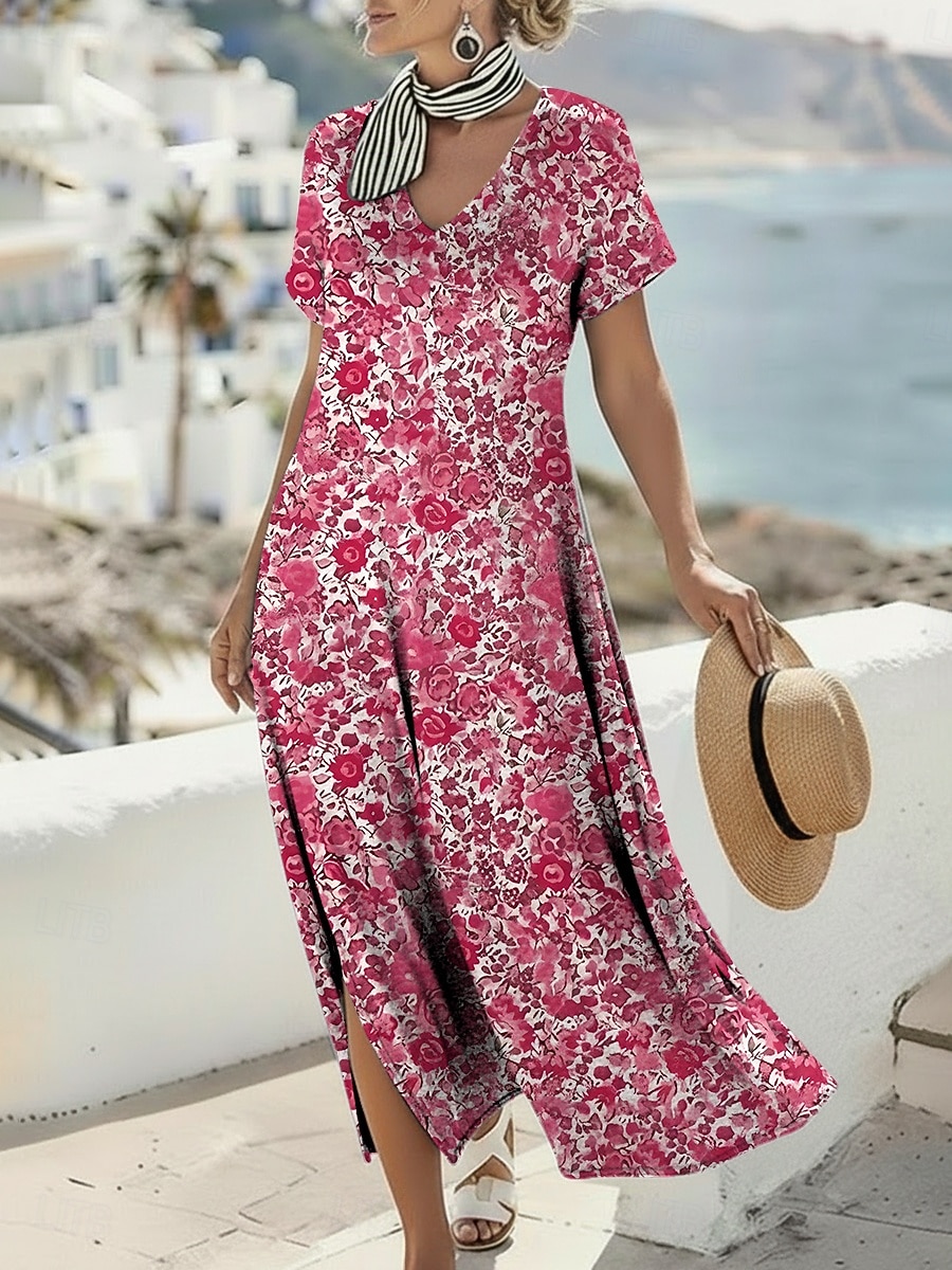 Per donna Abito maxi Abito Boho Vestito Casual Abito a trapezio Abito Stampato Vintage All'aperto Vacanza Weekend Vestibilità regolare Floreale Grafico Manica Corta Scollo a V Blu Viola Fucsia del 2026 a $25.99 –P1