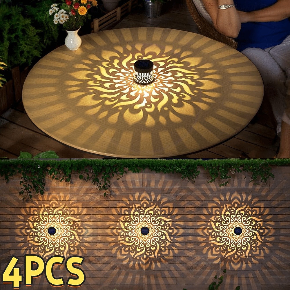 2026年 4個の屋外ソーラー中空金属マンダラ投影壁ライト、IP44防水、フェンス、階段、芝生の通路の装飾ランプ、庭、庭、ヴィラの風景ライト  コレクション – $48.99 –P10