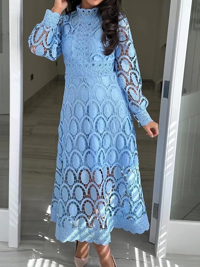 Damen Midikleid Maxikleid Spitzenkleid Weißes Kleid Freizeitkleid Elegant Mode Modern Outdoor Urlaub Ausgehen Normale Passform Schlank Geometrisch Langarm Hoher Ausschnitt Stehkragen Schwarz Wei 2026 - $41.99 –P11