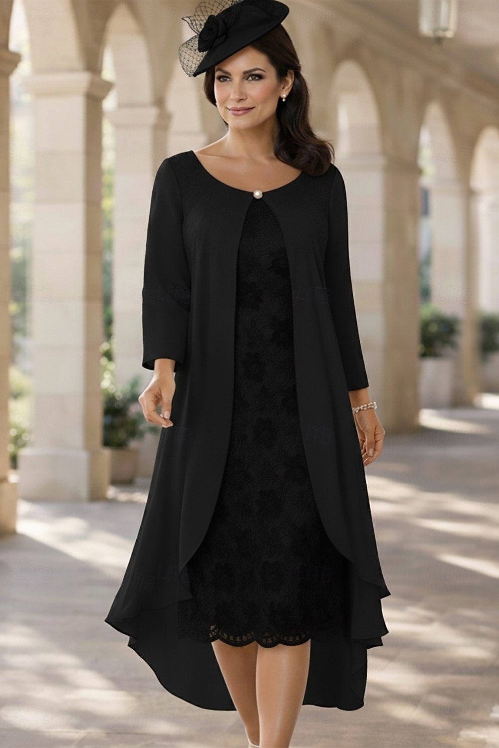 Duas Peças Linha A Longuette Vestido de convidada de casamento Vestido Para Mãe dos Noivos Manga Curta Decorado com Bijuteria Elegante Tamanhos Grandes Convidado do casamento Festa de Casamento de 2026 por $157.99 –P10