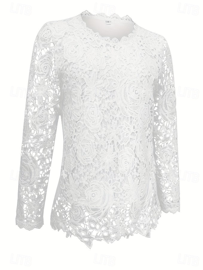 Women's Blouse Lace Solid Color Elegant Stylish Casual Long Sleeve Crew Neck Regular Tops Daily White Summer Spring Fall 2026 - $36.99 –P5
