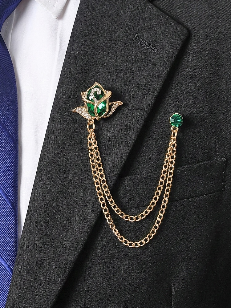Spilla da bavero da uomo in lega con rosa e catena, accessorio per abiti da sposa e da festa, vari colori, elegante spilla floreale per occasioni formali del 2026 a $11.99 –P3