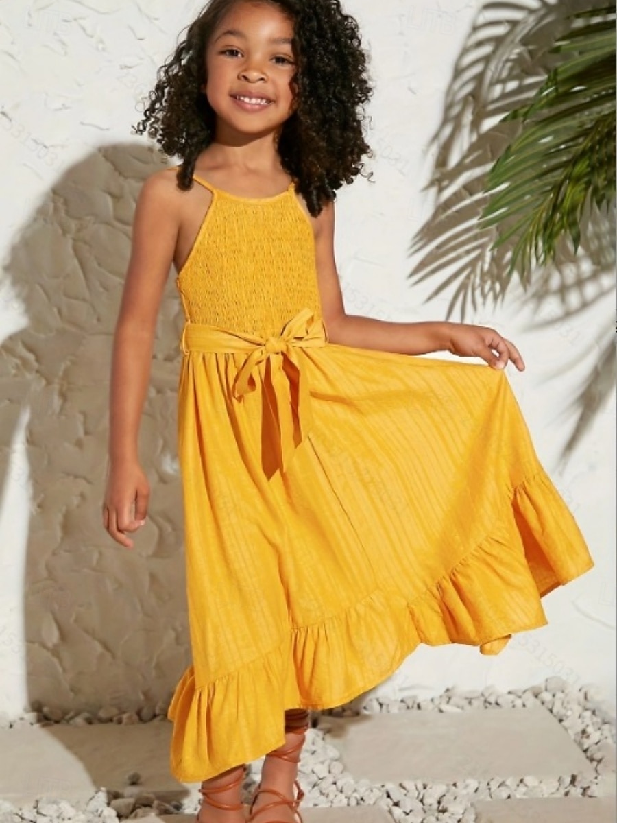 Kinderen Voor meisjes Jurk Effen Kleur Mouwloos Casual Buiten Feest Lapwerk Aanbiddelijk Casual Kostuum Polyester Maxi Jurk met bandjes Zomer Lente 4 jaar + Geel 2026 - $21.99 –P2