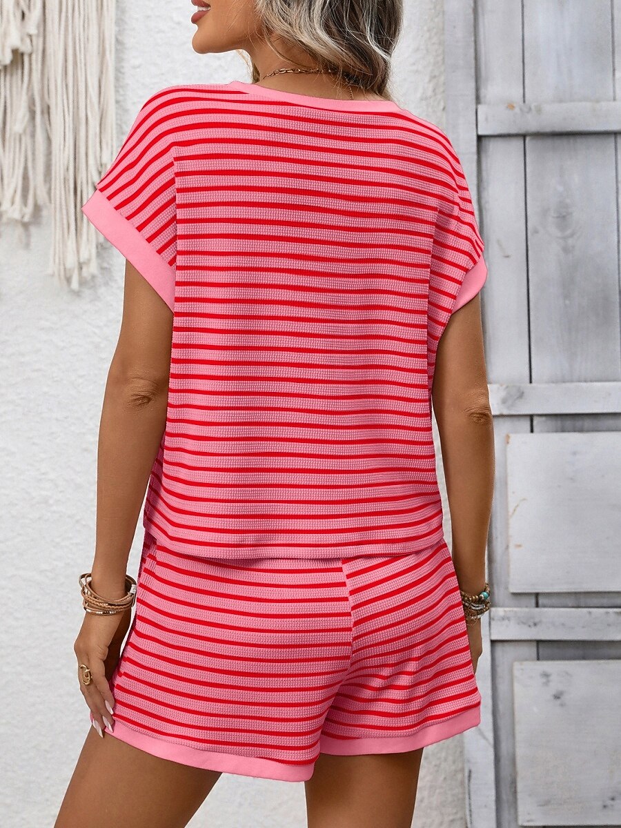 Women's Two Piece Sets Shorts Sets Short Sleeve Crew Neck Striped Fashion Streetwear Casual Daily Outdoor Black Pink Dark Pink Summer Regular Fit 2026 - $37.99 –P20