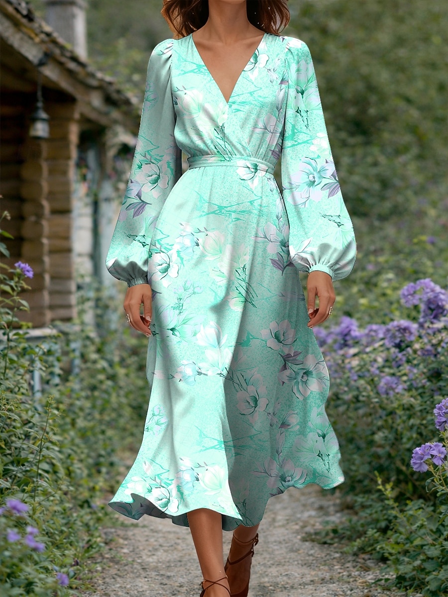 Mujer Vestido Midi Vestido ajustado y acampanado Casual Vestidos semi formales Oficina Cita Ajuste regular Floral Graphic Manga Larga Escote en Pico Azul Piscina Rosa Morado Verde Trébol Verano 2026 - $41.99 –P2