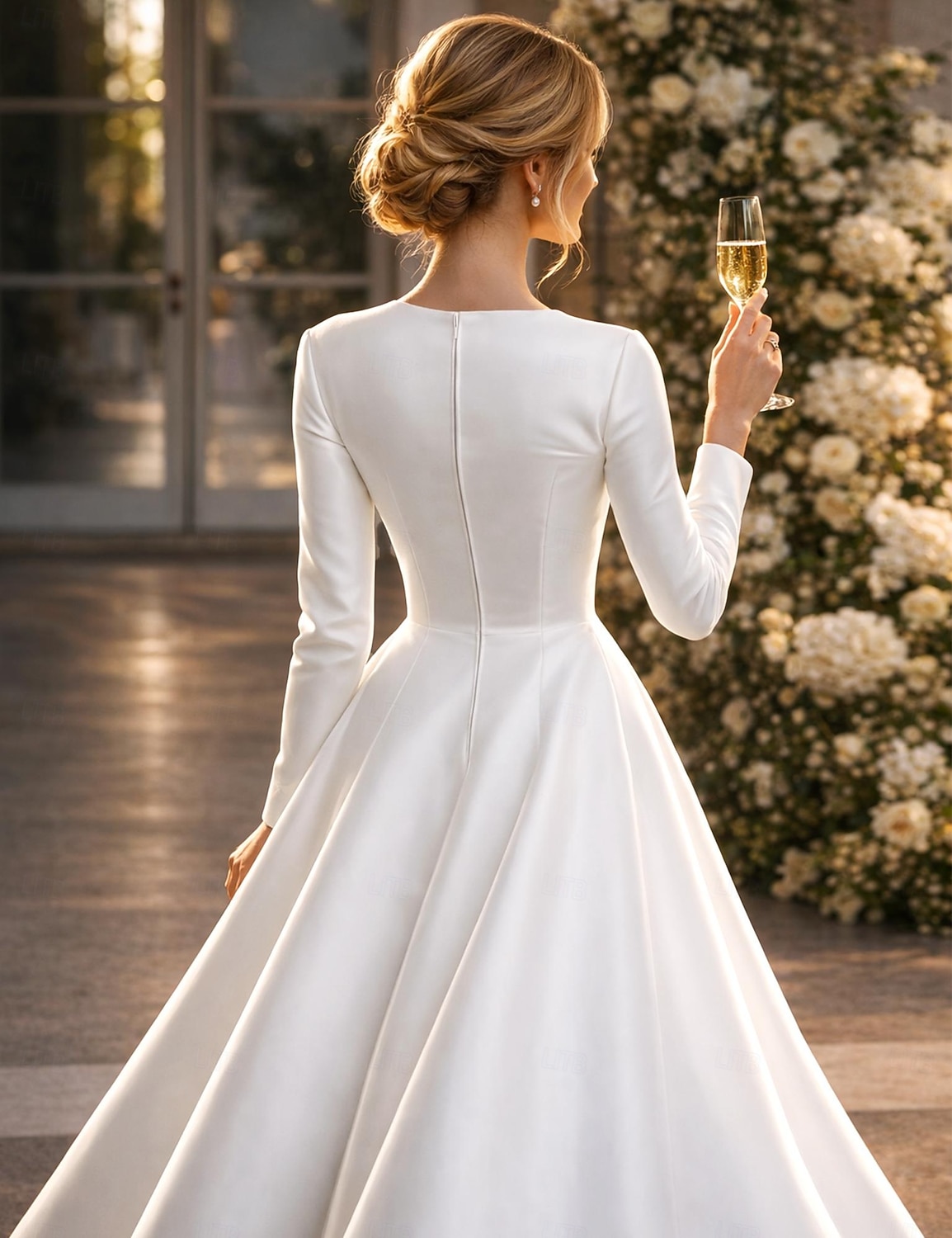 Abito da ballo Lunghezza Tè Abiti da Cocktail Abiti da festa Carino Piccoli Abiti Bianchi Manica Lunga Collo gioiello Matrimonio Invitato a matrimonio autunnale Raso con Pieghe Colore puro del 2026 a $149.99 –P2
