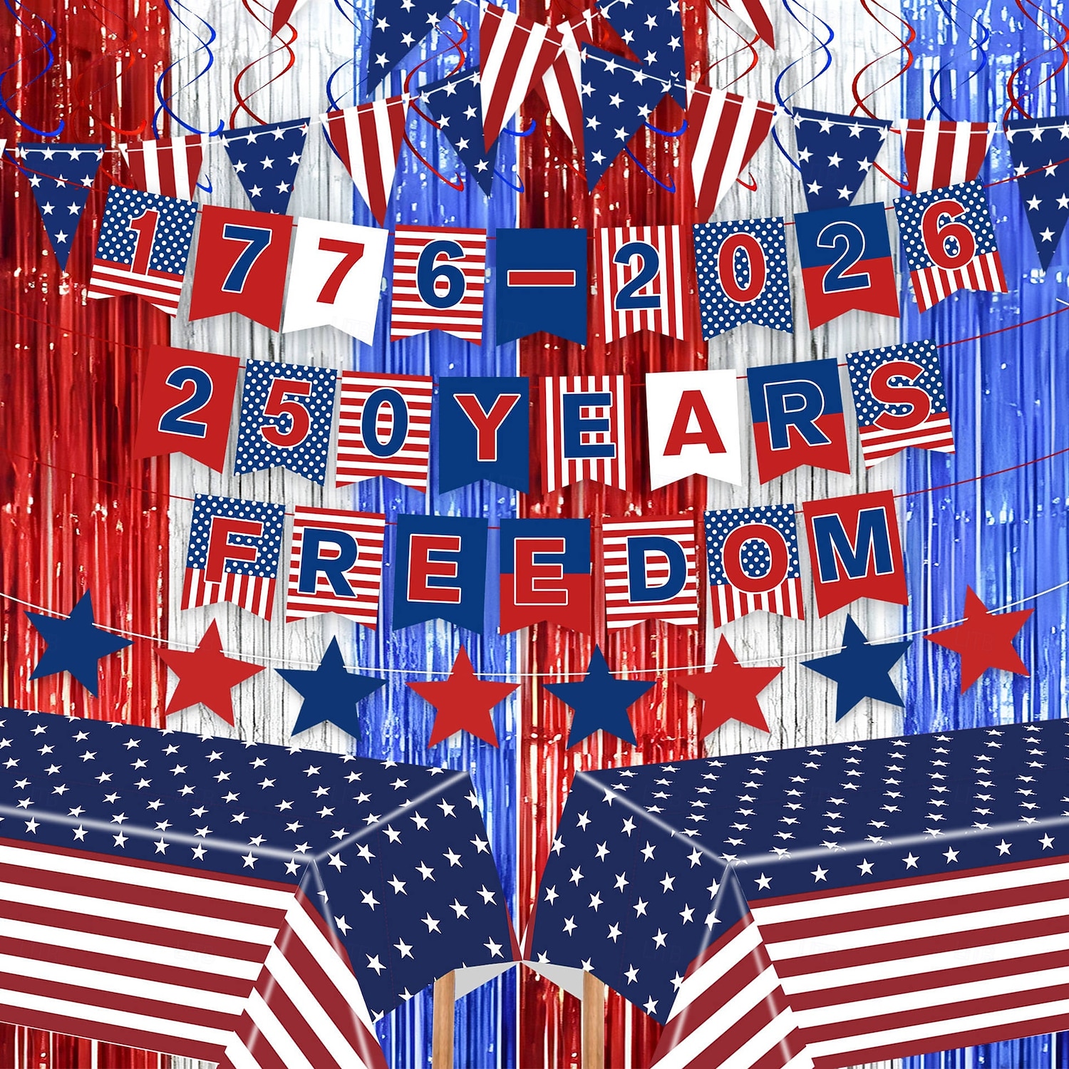 Sada dekorativních bannerů k 250. výročí Dne nezávislosti USA, obsahuje 24 bannerů, 10 vlaječek, 8 stuh, 12 spirálových závěsů a 2 tylové závěsy. &1 ubrus, ideální na oslavy Dne nezávislosti 2026 - $21.99 –P3