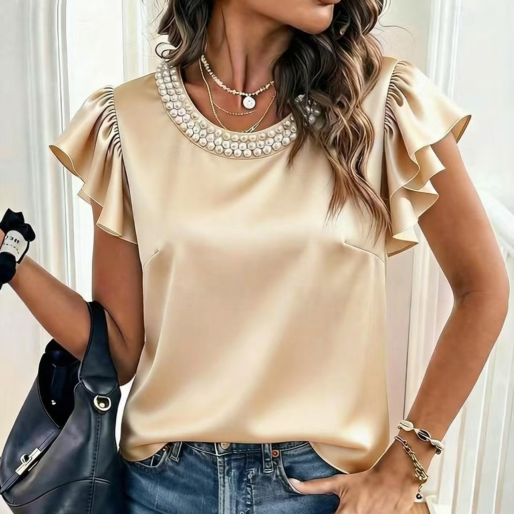 Mulheres Camisa Social Blusa de cetim Saia Blusa Franzido Botões Côr Sólida Elegante Vintage Moda Manga Curta Gola Redonda Tops regulares Diário Streetwear Trabalho Preto Branco Champanhe Verão de 2026 por $24.99 –P3