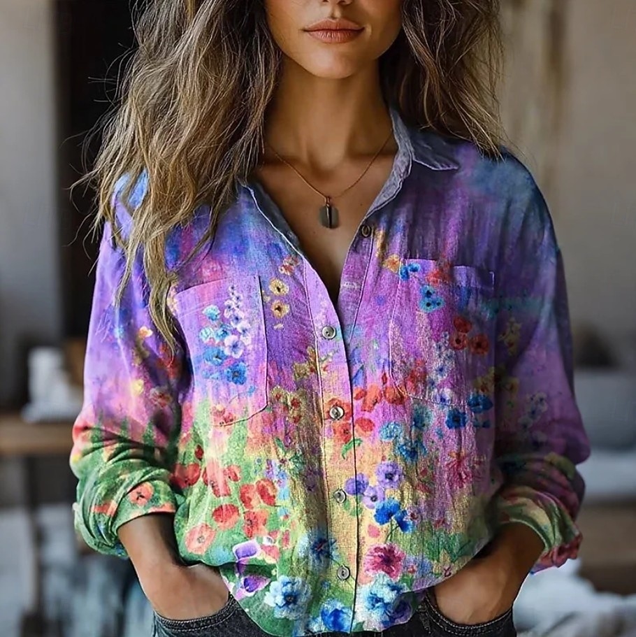 Mujer Camisa camisa boho Botones Estampado Floral Graphic Vintage Elegante Étnico Manga Larga Cuello Camisero Tops largos Diario Festivos Noche Azul Piscina Púrpula Claro Verano Primavera Otoño 2026 - $27.99 –P1
