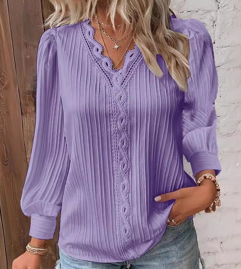 Women's Lace Shirt Blouse Lace Patchwork Solid Color Stylish Casual Long Sleeve V Neck Regular Tops Daily Blue Black White Yellow Red Spring Fall 2026 - $19.99 –P6