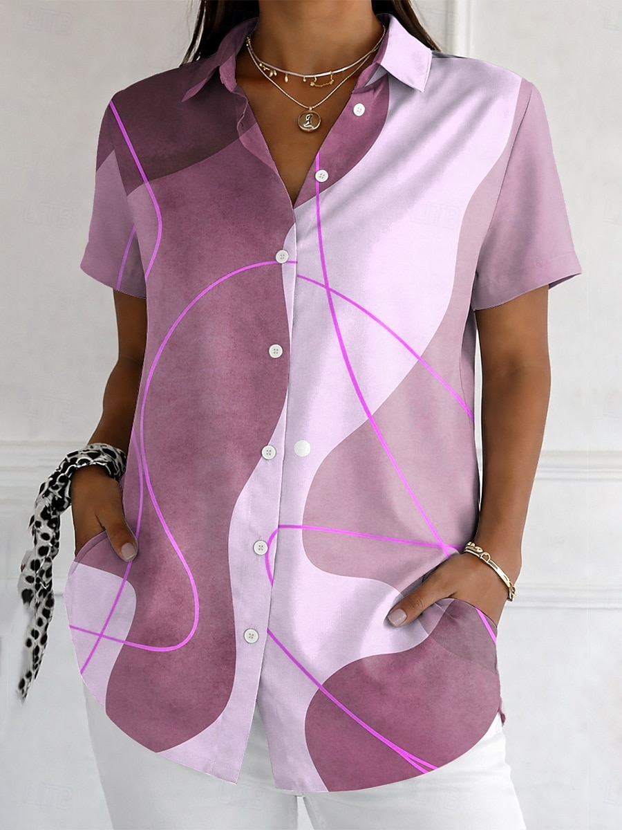 Damen Hemd Knöpfe Druck Grafik Geometrisch Vintage Stilvoll Modern Kurzarm Hemdkragen Lange Oberteile Täglich Blau Rosa Purpur Grün Sommer Frühling 2026 - $26.99 –P3