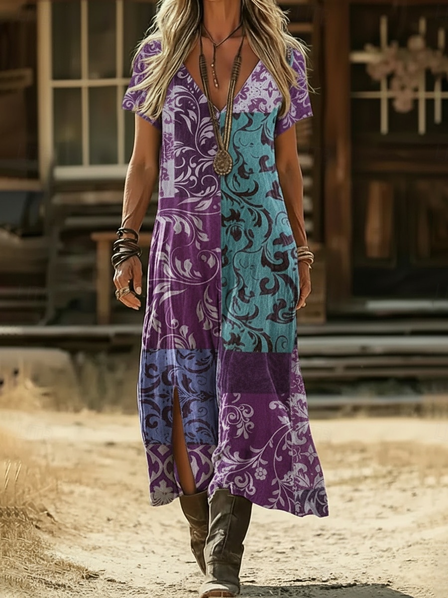 Naisten Maksimekko Boho-mekko Rento mekko A linjainen mekko Painatus mekko Muoti Moderni ulko- Loma Viikonloppu Loose Fit Kukka Kuvitettu Lyhythihainen V kaula-aukko Laivastosininen Purppura Apila 2026 - $25.99 –P4