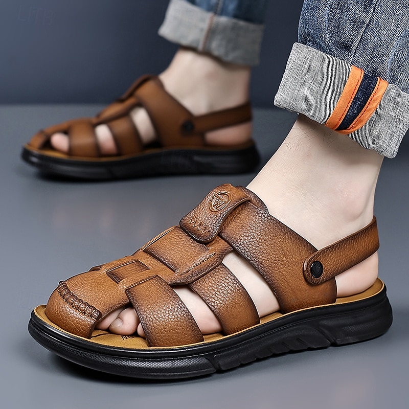 Sandalias casuales de verano de piel sintética para hombre: correas transpirables, tacón y plantilla ajustables, comodidad ligera, perfectas para vacaciones en la playa, resorts, piscinas y ocio al aire libre. 2026 - $46.99 –P1