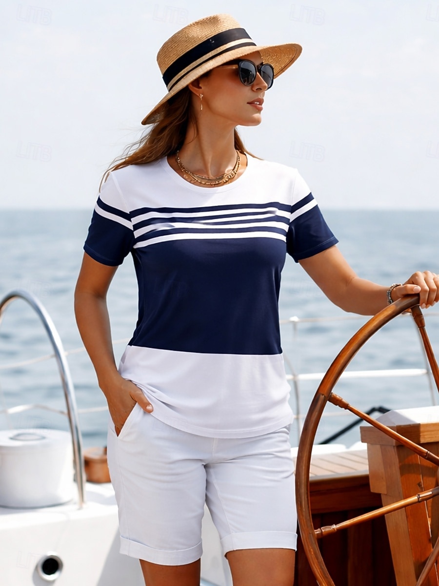 Per donna Maglietta Blocco di colore Stampato Grafico Geometrico Oceano Vintage Moda Elegante Manica Corta Girocollo Top Regolari Quotidiano Blu Bianco Rosso Blu marino Estate Primavera del 2026 a $21.99 –P1