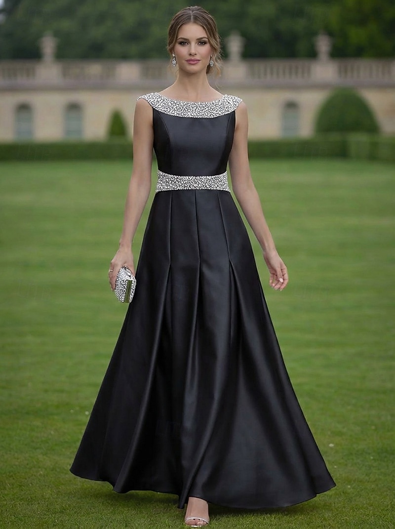 Linea ad A Lunghezza al pavimento Abito da Sera Abito formale Elegante Brillanti Abbellito Senza Maniche Scollo a Barca Matrimonio Formale Raso con Pieghe Cristalli del 2026 a $194.99 –P6
