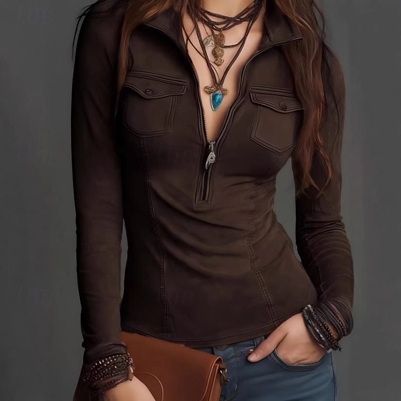 Mujer Camisa Blusa Cremallera Plano Clásico Retro Antiguo Moderno Manga Larga Escote Chino Tops regulares Diario Festivos Noche Verde Ejército Marrón claro Marrón Verano Primavera 2026 - $33.99 –P2