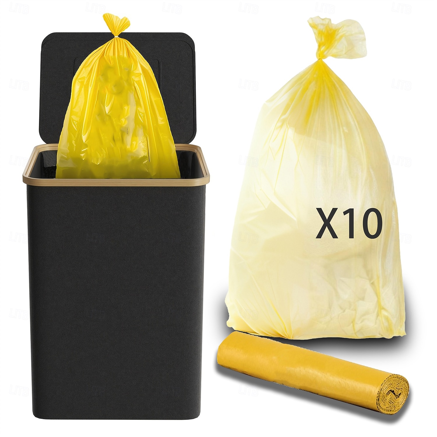 Poubelle en tissu de 100 litres avec couvercle, panier à linge pliable avec structure en bambou, bac de rangement moderne pour le salon &chambre, comprend 10 sacs poubelles jaunes de 2026 ? $34.99 –P1