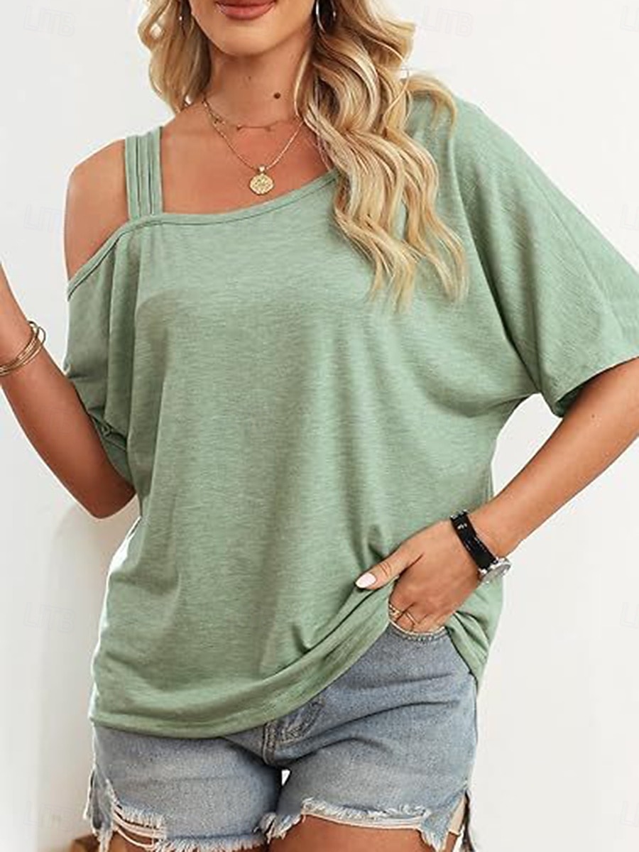 Femmes T-shirt Œillet Uni Mode Élégant Classique Manche Courte Col asymétrique Hauts Réguliers Quotidien Sortir Week-end Bleu Noir Blanche Rose Claire Fuchsia Été Printemps de 2026 ? $21.99 –P3