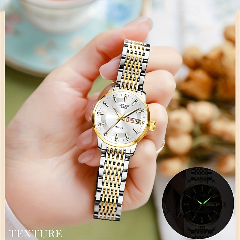 Luxe dameshorloge, tweekleurige goud-zilveren roestvrijstalen band, lichtgevende wijzers met datum- en dagweergave, elegante zwarte wijzerplaat met diamanten accenten, een stijlvol polshorloge voor 2026 - $22.99 –P7