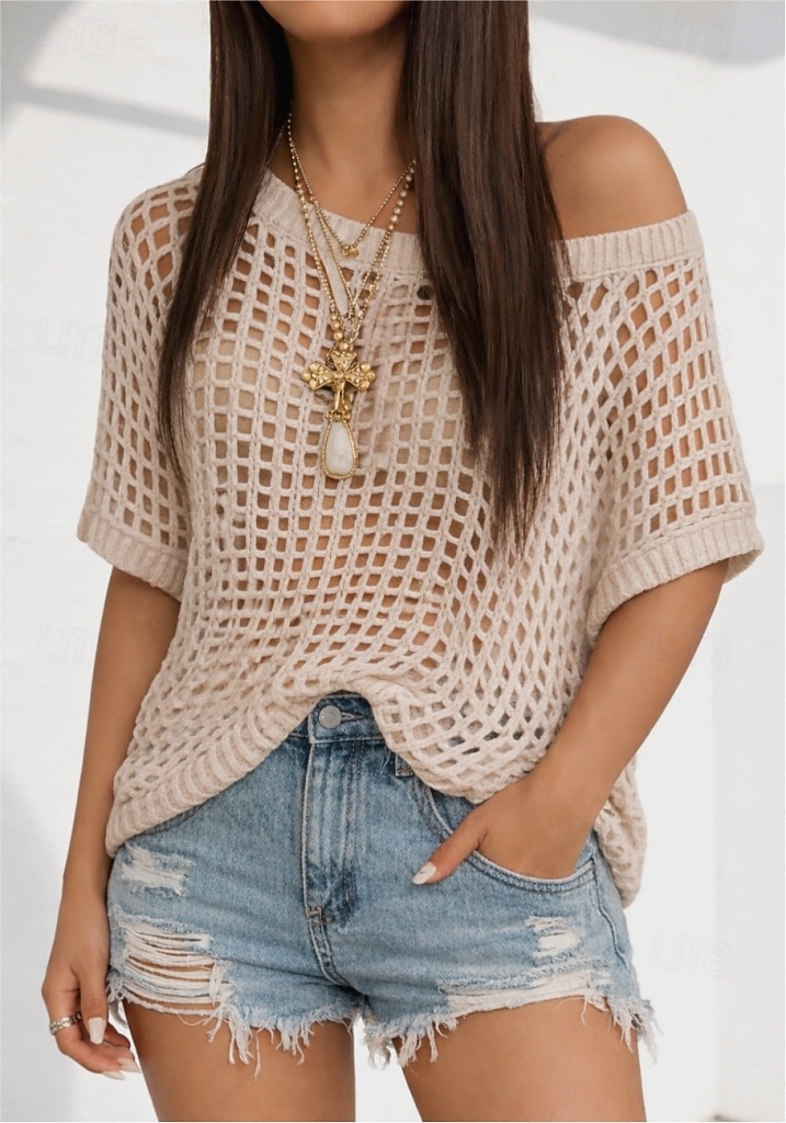 2026年 女性用 オーバーサイズ Tシャツ 切り抜き スタイリッシュ ホット セクシー 半袖 バットウィングスリーブ クルーネック レギュラートップス お出かけ バケーションウェア ブラック ホワイト ピンク ネイビーブルー ブラウン 夏 春  コレクション – $21.99 –P1