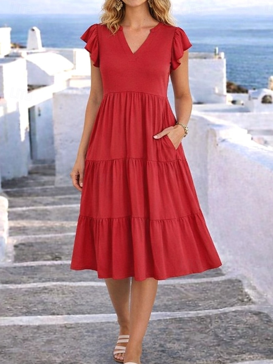 Per donna Abito Midi Abito a trapezio Abito Estivo Casual Quotidiano Vestibilità regolare Semplice Manica Corta Scollo a V Rosso Estate del 2026 a $29.99 –P2