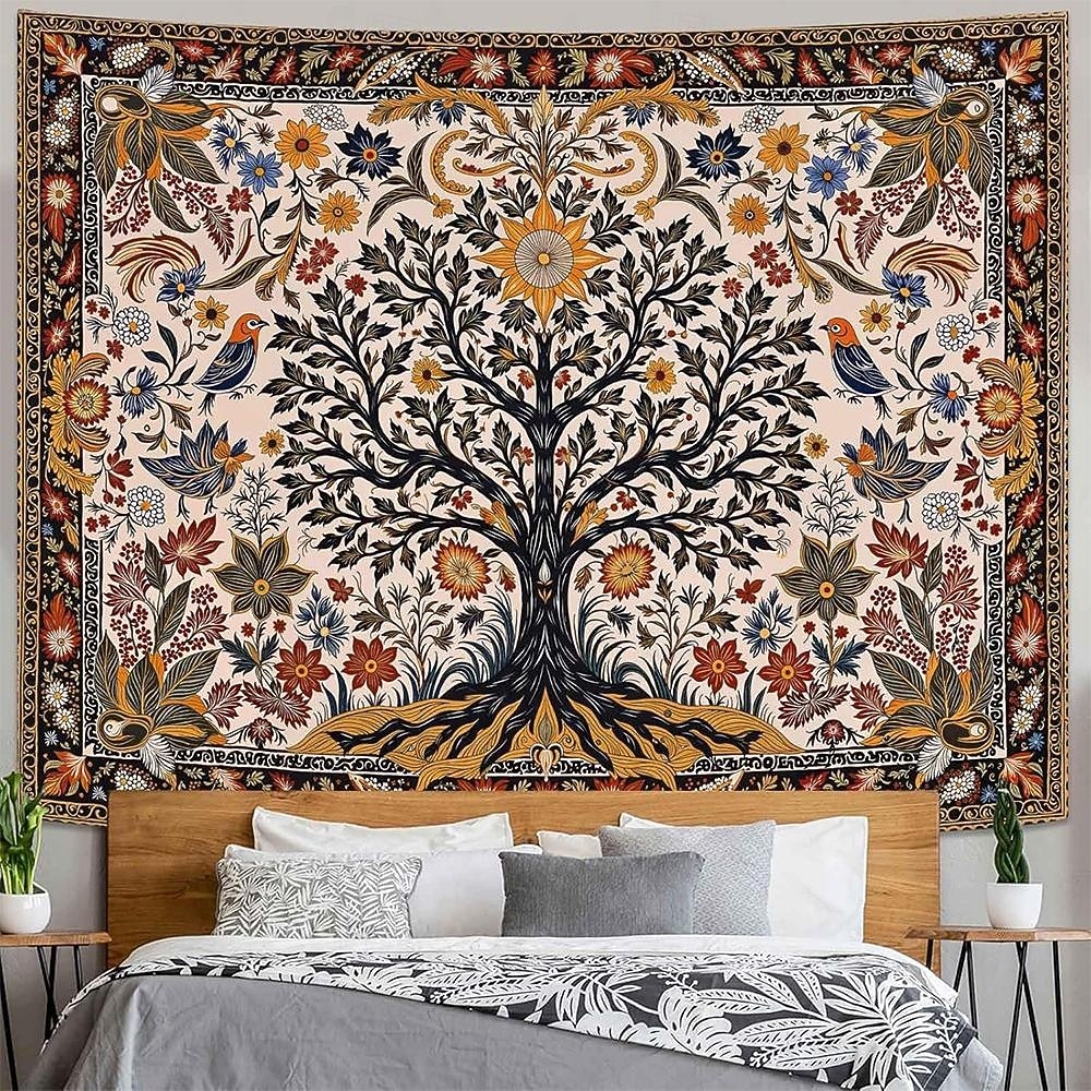 Livets tre folkekunst veggteppe bohemsk etnisk fugler og blomster natur landskap svart bakgrunn åndelig hjemdekor stue soverom bakgrunn innendørs veggmaleri 2026 - $19.99 –P5