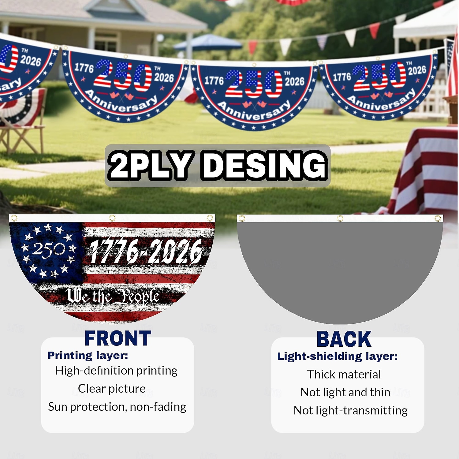 2 stk. U.S. 250. jubileumsflagg 1,5X3 FT 1776-2026 fanflagg patriotiske stjerner hageplakater hengende dekorasjoner utendørs inngangsdør veranda velkomst bakgrunn med messingøyer 2026 - $18.99 –P2