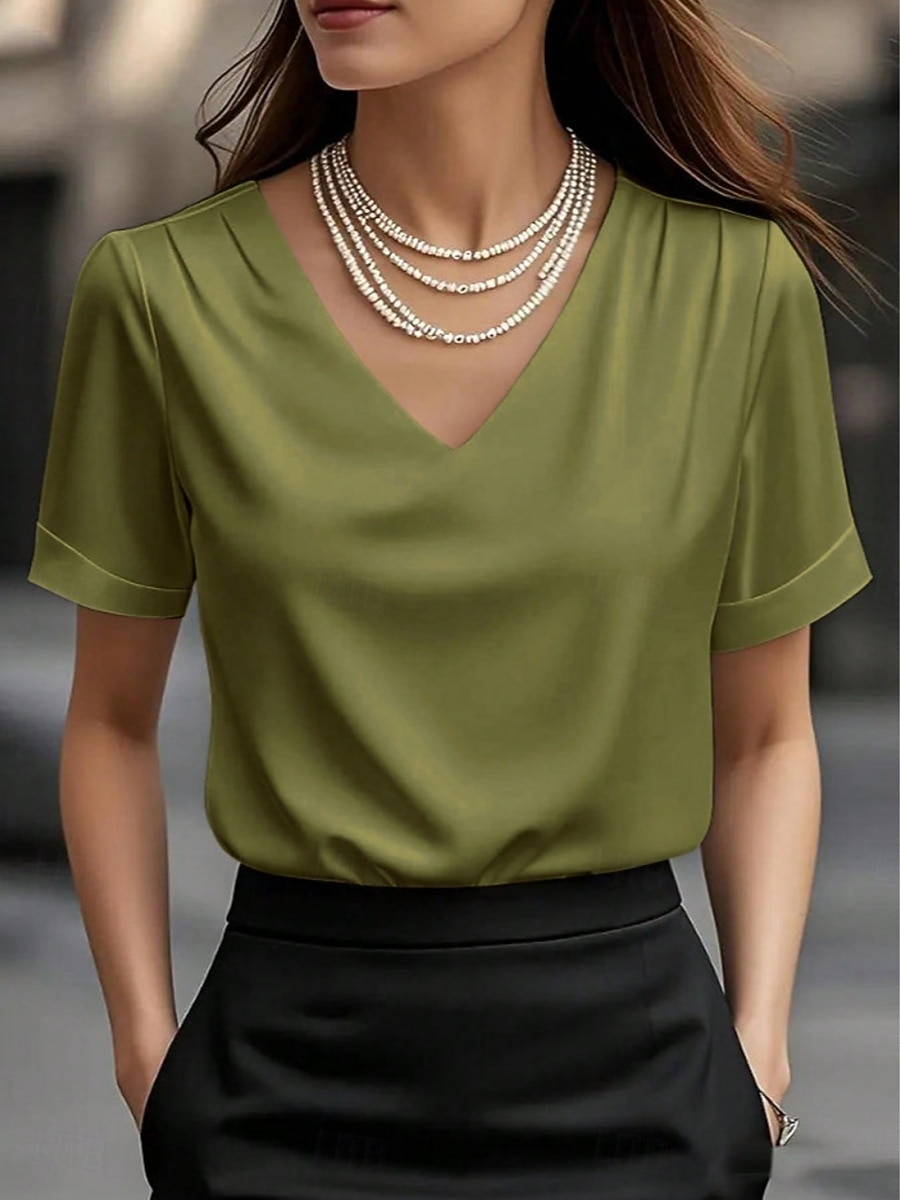 Γυναικεία Μπλούζα Συμπαγές Χρώμα Κομψό Στυλάτο Βασικό Κοντομάνικο Λαιμόκοψη V Κανονικά μπλουζάκια Καθημερινά Μαύρο Λευκό Κρασί Φούξια Πράσινο του τριφυλλιού Καλοκαίρι Άνοιξη 2026 - $21.99 –P7