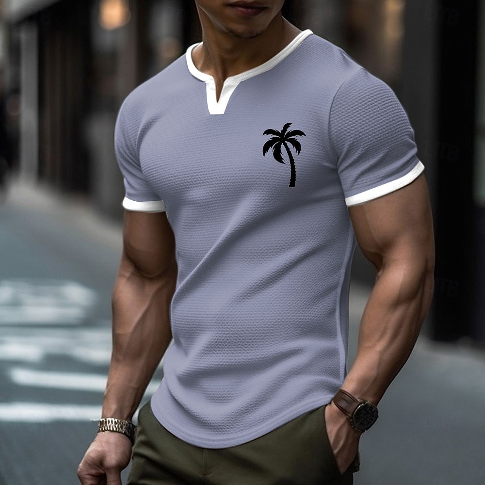 Herren-T-Shirt in Salbeigrün mit Waffelstrickmuster und Palmenmotiv, kontrastierendem weißen V-Ausschnitt, Henley-Schnitt, strukturierter Oberfläche, schmale Passform, Sommer, Strand, Freizeit, 2026 - $19.99 –P3