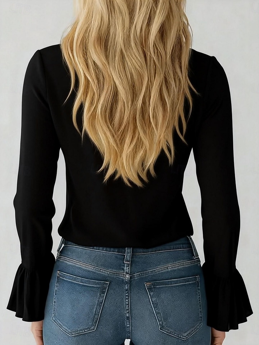 Dame Skjorte Bluse Rysjeskjorte Drapering Helfarge Stilfull Grunnleggende Klassisk Langermet V-hals Vanlige topper Daglig Ferie Ut på byen Svart Hvit Lilla Sommer Vår 2026 - $25.99 –P4