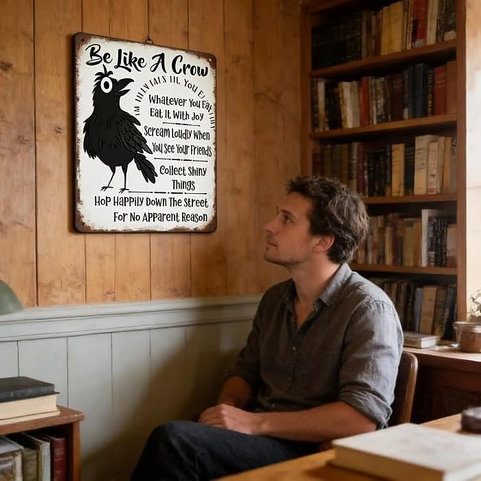 légy olyan, mint egy varjú vintage fém tábla, vicces pozitív falikép, varjú művészeti fali plakett humoros idézettel, rusztikus parasztház dekoráció otthoni irodába, konyhába és bárba, inspiráló 2026 - $11.99 –P5