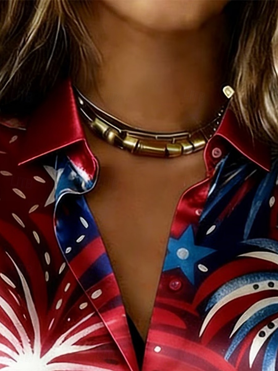 Camicia da donna in raso per il 250° anniversario dell'indipendenza americana, stampa bandiera americana, moda vintage, manica lunga, colletto, top normali, per tutti i giorni, per le vacanze, per del 2026 a $29.99 –P2