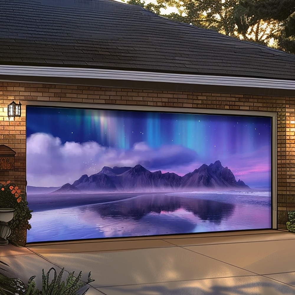 Northern Lights Aurora Borealis Winter Mountain Snowy Pine Forest Starry Night Sky Frozen River Garage Door Banner Outdoor Wall Decor Holiday Mural Christmas Decoration Backdrop 2026 - $49.99 –P9