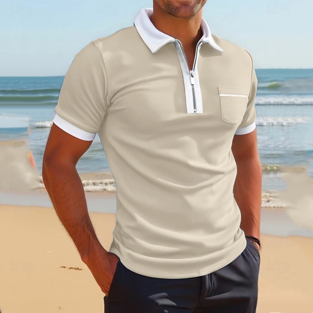 Herr Polo Pikétröjor Dagligen Utomhus Tröjkrage Fjärdedels blixtlås Kortärmad Mode Bekväm Slät Lappverk Dragkedja Sommar Skräddarsydd passform Vin Fördjupad grön Svart Vit Gul Marinblå Polo 2026 - $17.99 –P3