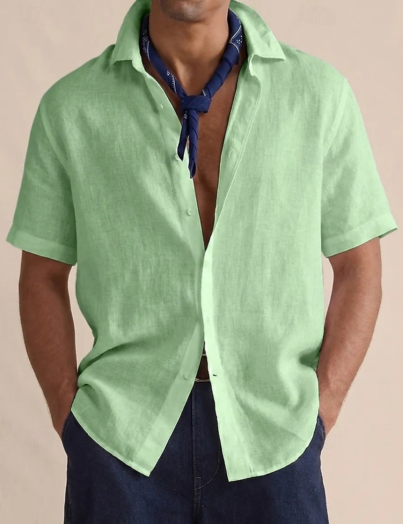 Men's Shirt Linen Shirt Button Up Shirt Solid Color Vacation Street Black White Yellow Light Green Short Sleeve Shirt Collar Summer Spring Clothing Apparel Buttons 2026 - $22.99 –P9