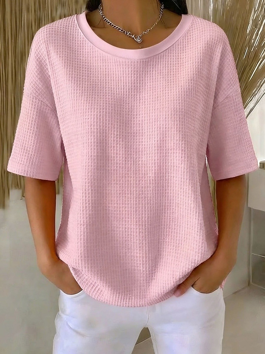 Жен. Вафельная рубашка Футболка Футболки Топы в вафельном вязании Сплошной цвет Классика Современное На каждый день С короткими рукавами Вырез под горло Обычные топы Повседневные Праздники На выход 2026 - $26.99 –P10