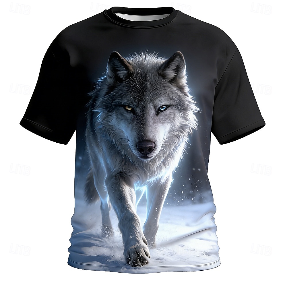 Camiseta de hombre con heterocromía, lobo, ojos amarillos y azules, aura azul nevada, estilo urbano y fantasía, con estampado integral, manga corta, corte regular, ropa casual para uso diario, de 2026 - $22.99 –P1