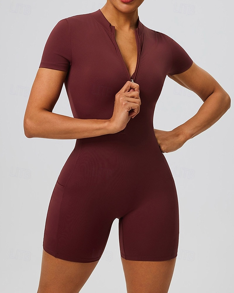 Per donna Tute da allenamento Tutina Tasca Cerniera Frontale Tinta unica Body Estate Primavera Autunno Bianco latte Nero Corsa Fitness Yoga Sollevamento glutei Asciugatura Rapida Elastico Manica Corta del 2026 a $30.99 –P4