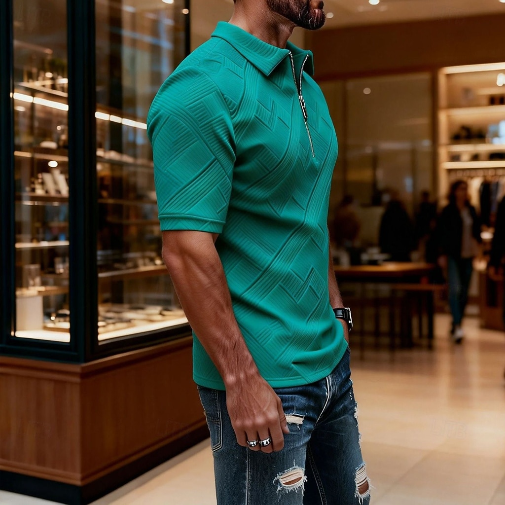 Per uomo Polo con zip Testurizzato Casuale Quotidiano Zip a un quarto Manica Corta Moda Tempo libero Semplice Cerniera Zip a un quarto Estate Primavera Blu Verde translucido blu navy Aalbicocca Blu del 2026 a $22.99 –P13