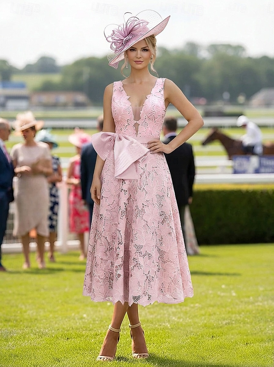 Linea ad A Lunghezza alla caviglia Lunghezza Tè Abiti da Cocktail Elegante Floreale Senza Maniche Scollo a V Matrimonio Formale Pizzo Schiena a V con Fiocco/Fiocchi Ricamo Applicazioni del 2026 a $194.99 –P1