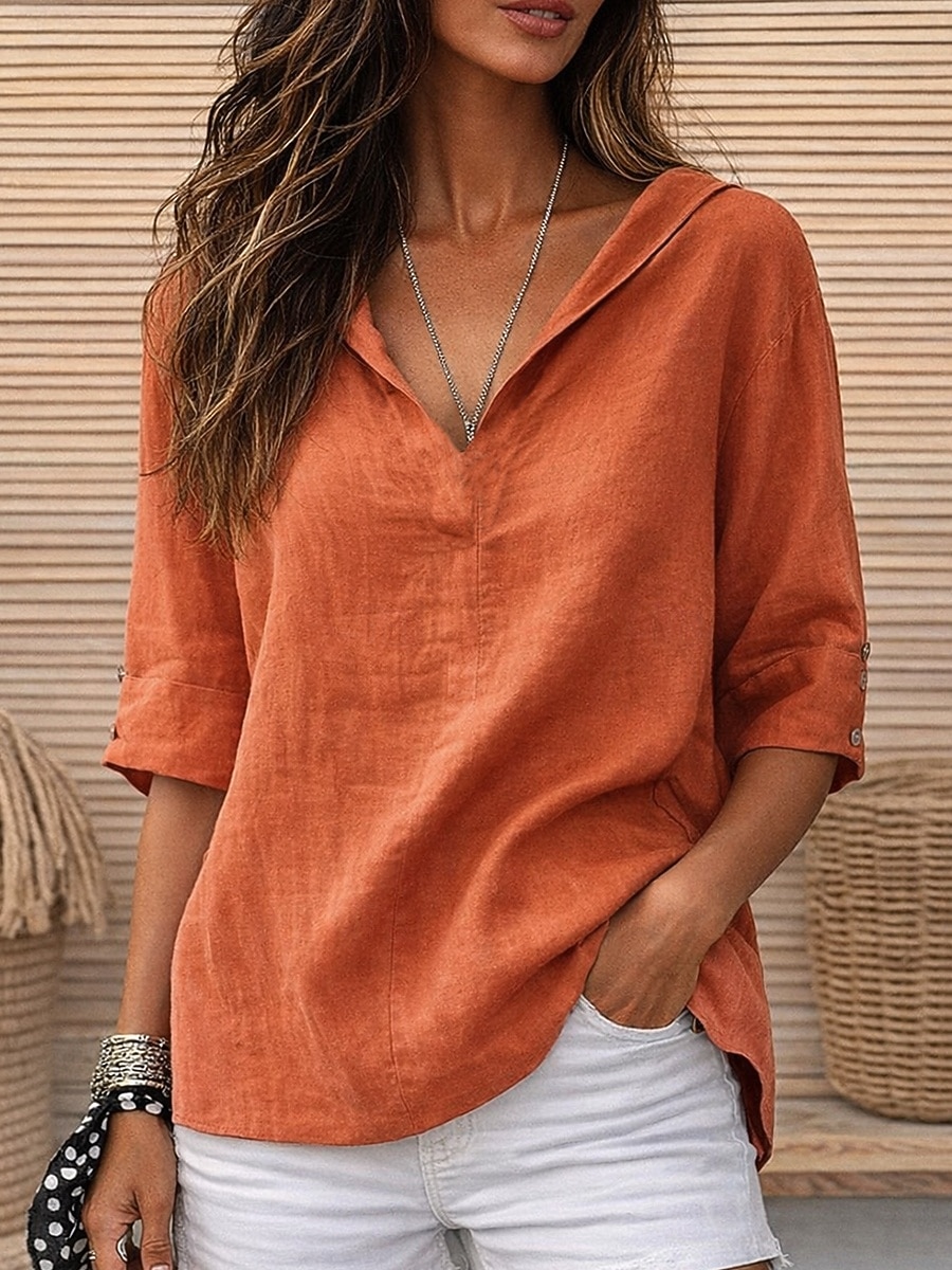 Damen Bluse Hemd aus Leinenimitat Einfach Stilvoll Lässig Dreiviertelarm V Ausschnitt Normale Oberteile Täglich Blau Schwarz Weiß Gelb Orange Sommer Frühling Herbst 2026 - $19.99 –P1