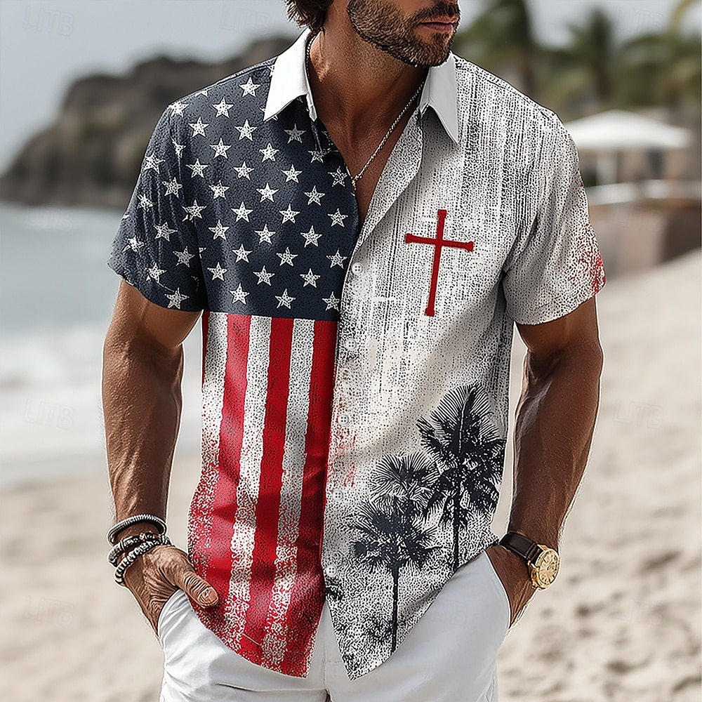 Camicia Uomo 250° Anniversario Bandiera Us Cross Button Up a Maniche Corte Patriotiche All'Aperto Feste Estive Primaverili Rivoltata Stampa 3D Camicie Collo Blu Bianco del 2026 a $25.99 –P1